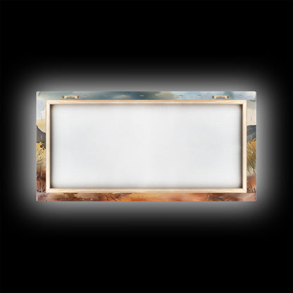 Serene Desert Landscape with Mountains and Sunlit Sky, Perfect Framed Canvas Print for Living Room, Boho Wall Art, Nature Decor