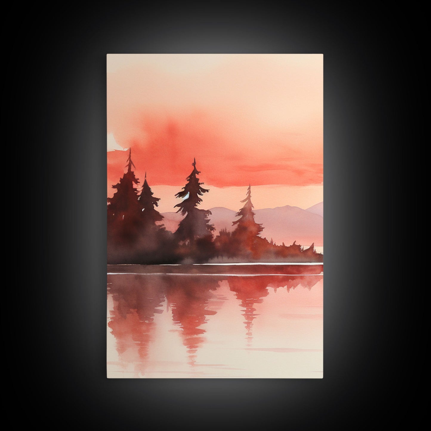Beautiful Red Lake Sunset 3 Piece Framed Canvas Print Set, Above Sofa Art, Living Room Decor, Beautiful Wall Art, Watercolor Painting