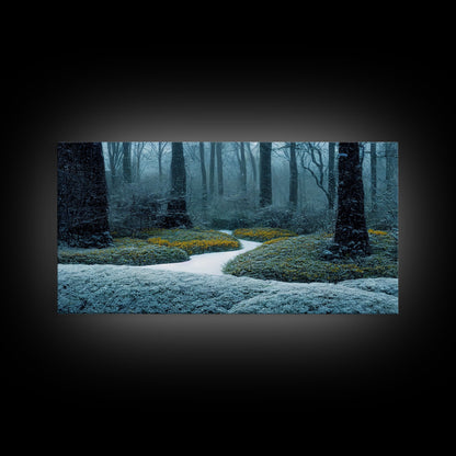 Cabin art, snow covered winter forest, winter vacation home art, framed canvas print, ready to hang framed wall art