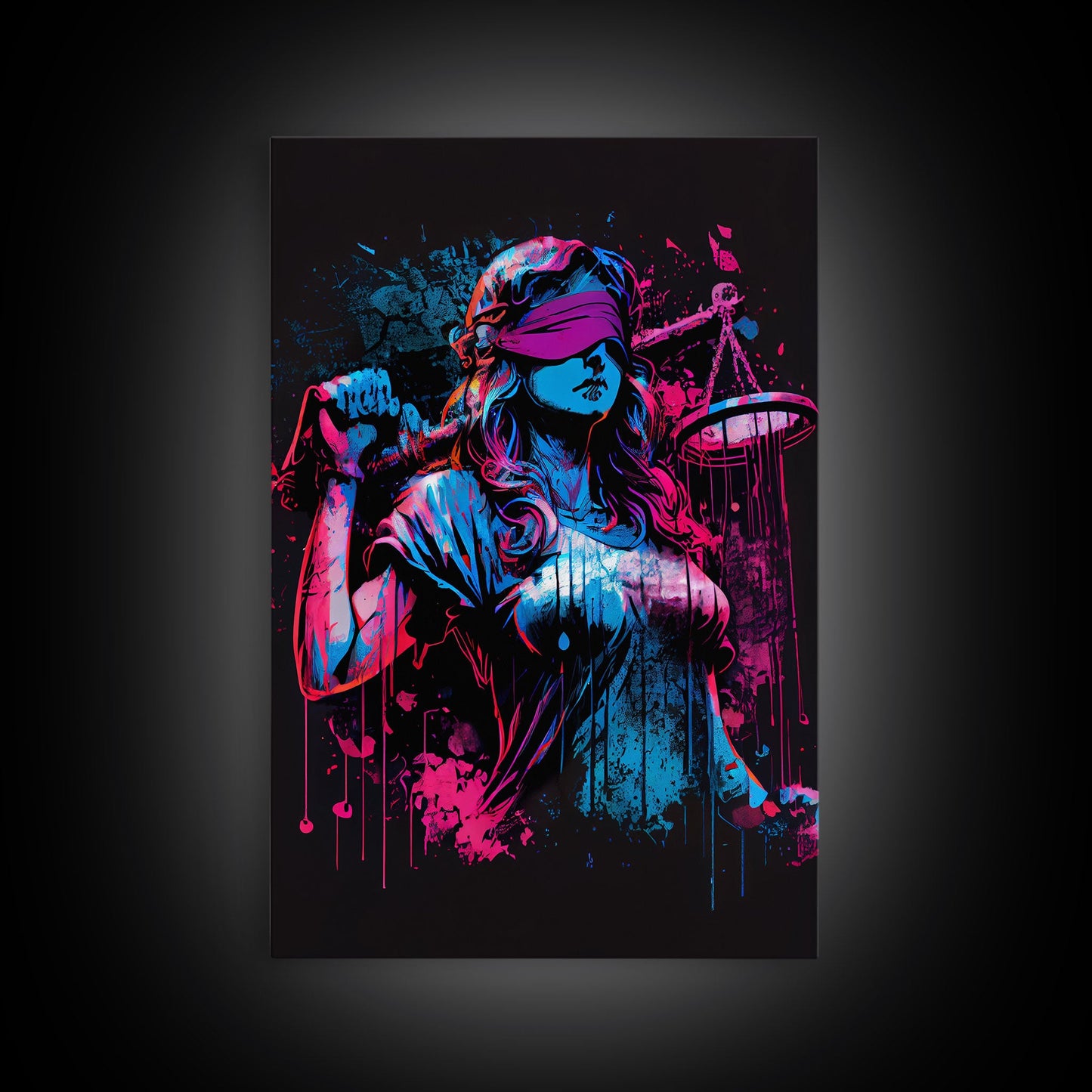 Graffiti art, lady justice, vaporwave cyberpunk justice is blind, fine art poster print