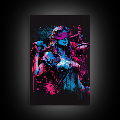 Graffiti art, lady justice, vaporwave cyberpunk justice is blind, fine art poster print