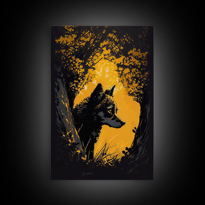 Watercolor of a wolf in the forest, framed canvas print