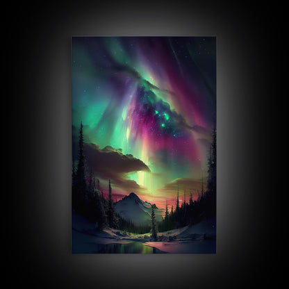 Aurora Borealis, Northern Lights Art, framed canvas print, snow capped mountain landscape art