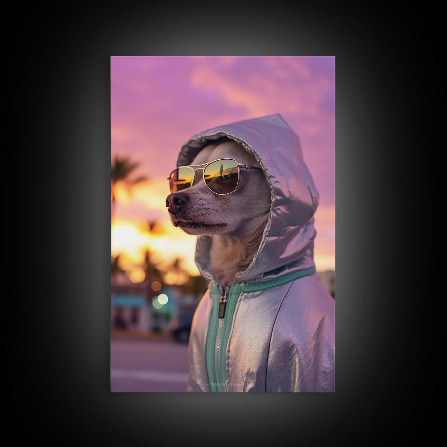 Chihuahua Wall Print, Dog Wall Art, Dog Sunglasses, Dog In Pink Hoodie, Funny Art, Framed Wall Art, Framed Canvas, Wall Print, Wall Canvas