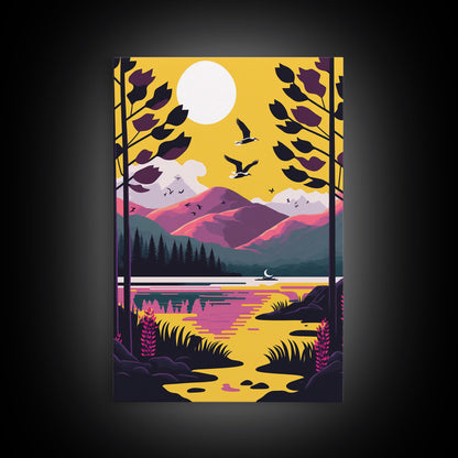 Colorful Pop Art Picture of a Mountain and Forest Landscape, Framed Canvas Print, Surrealist High Contrast Cel Shaded Landscape Art