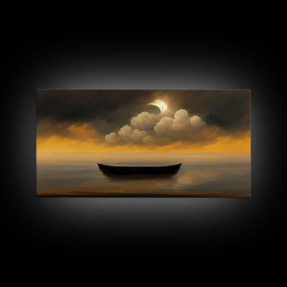 Row boat on a lake canvas print, sunset, watercolor, nature panoramic canvas print