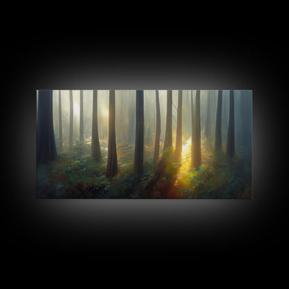 Canvas print of a forest floor at golden hour, watercolor painting print, cool living room or guest room wall art
