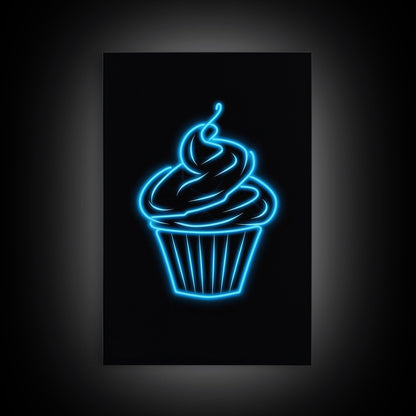 Blue Neon Lights Cupcake Wall Decor, Kitchen Wall Art, Glowing Art, Minimalist Print, Wall Decor, Canvas Print, Wall Art, Framed Canvas
