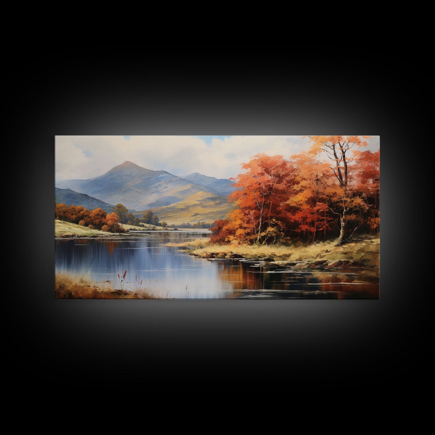 Autumn By The Lake, Framed Canvas Print, Original Landscape Painting, Fall Decor, Boho Minimalist Farmhouse Decor, Rustic Art