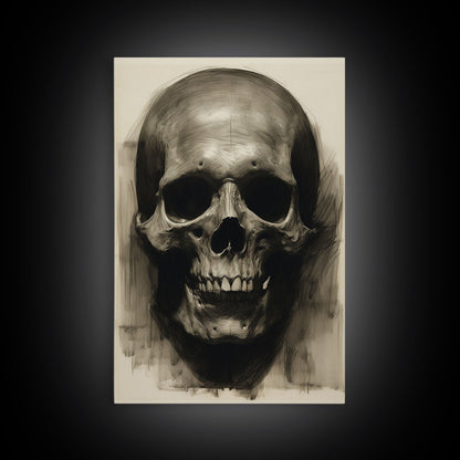 Charcoal Drawing, Gothic Art Print, Human Skull Decor, Canvas Print, Wall Art, Vertical Art, Entryway Prints, Wall Hanging, Birthday Gift