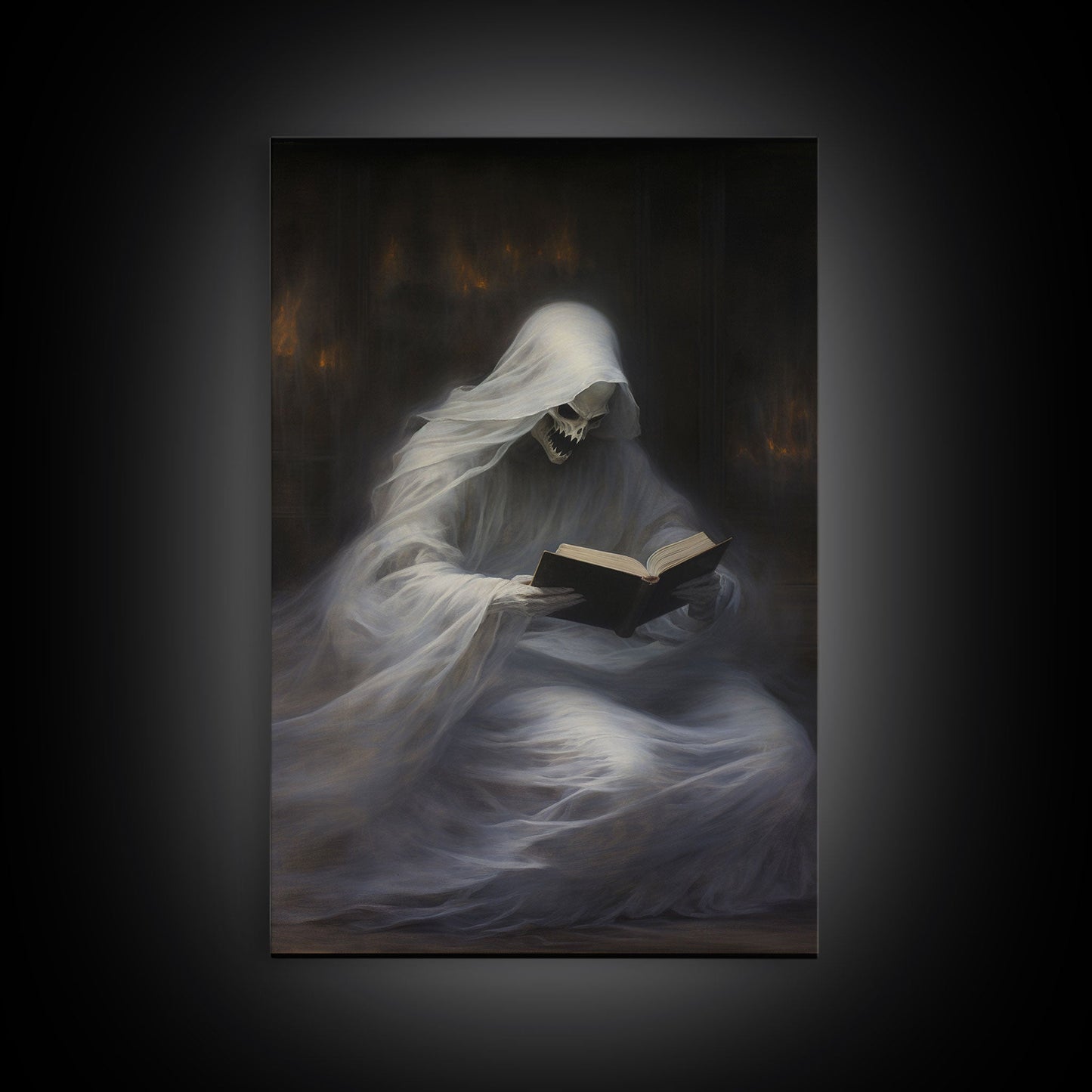 He's really into that book man, why is that ghost reading? Spooky Victorian Halloween Oil Painting Canvas Print, Halloween Decorations