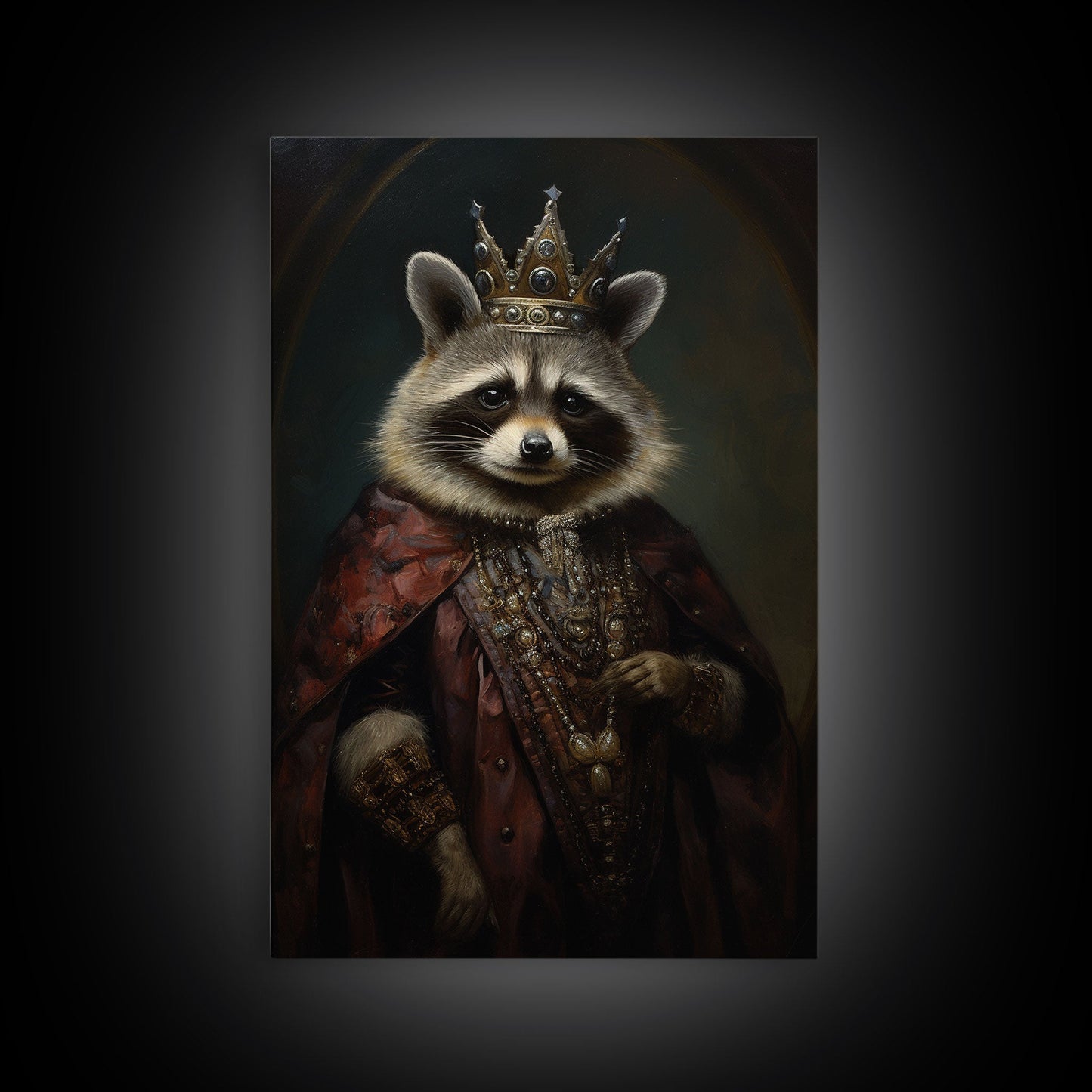 The Raccoon King, Framed Canvas Print Or Canvas, Victorian Animal Print Oil Painting, Funny Halloween Decor