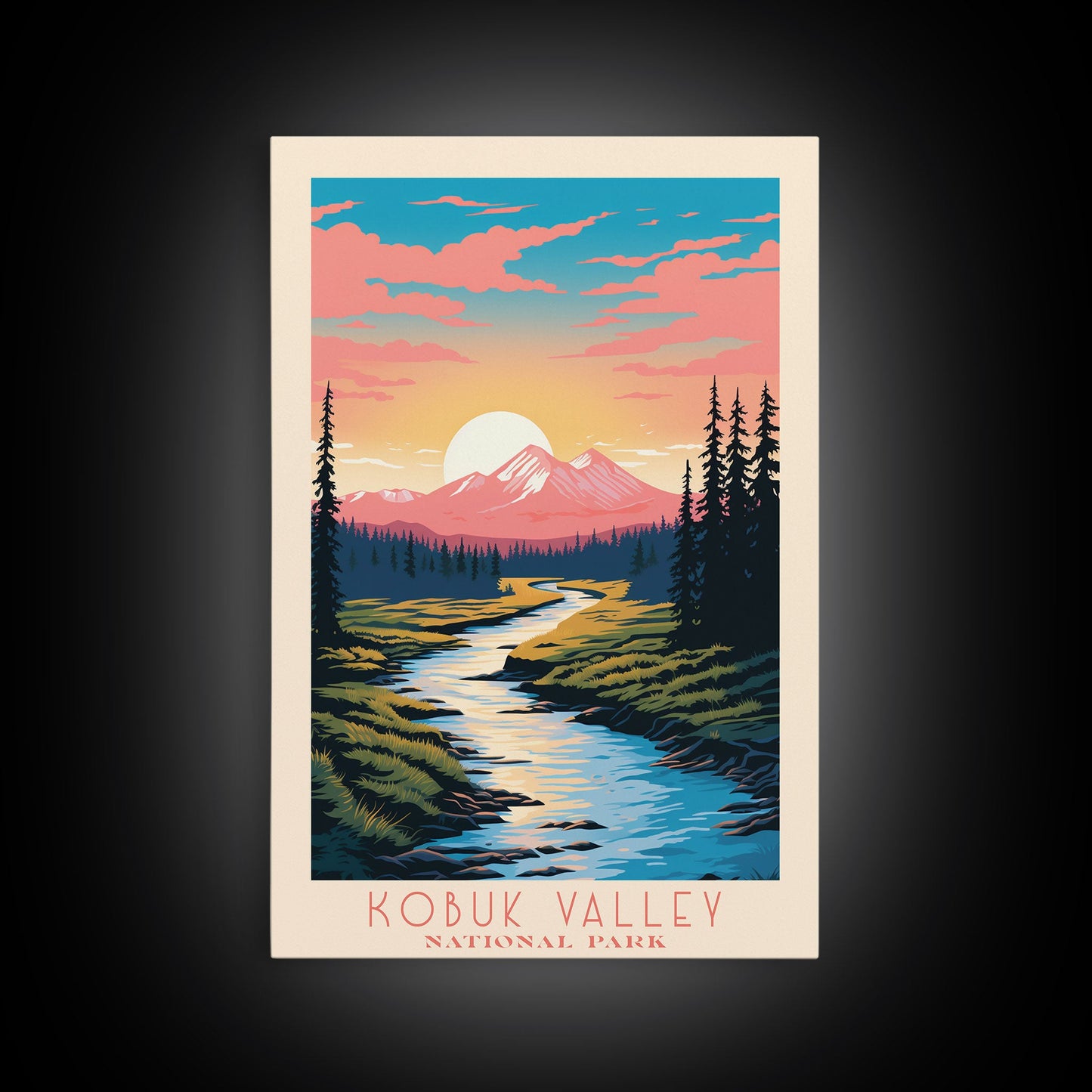 Kobuk Valley Nationalpark, Alaska Reisekunst, Nationalpark-Druck, Minimalistische Reisekunst, Landschaft im Midcentury Modern Retro-Stil