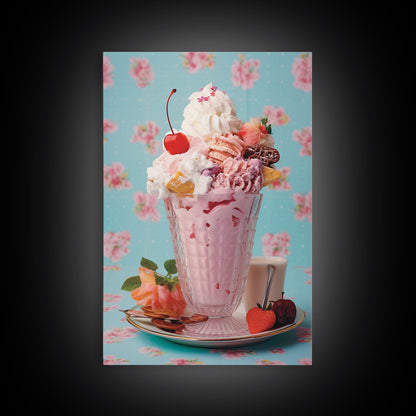 A Strawberry Sunday, Ice Cream Art, Framed Canvas Print, Ice Cream Parlor Decor, Icecream Shop Wall Art, MCM Style Decor, Kitchen decor