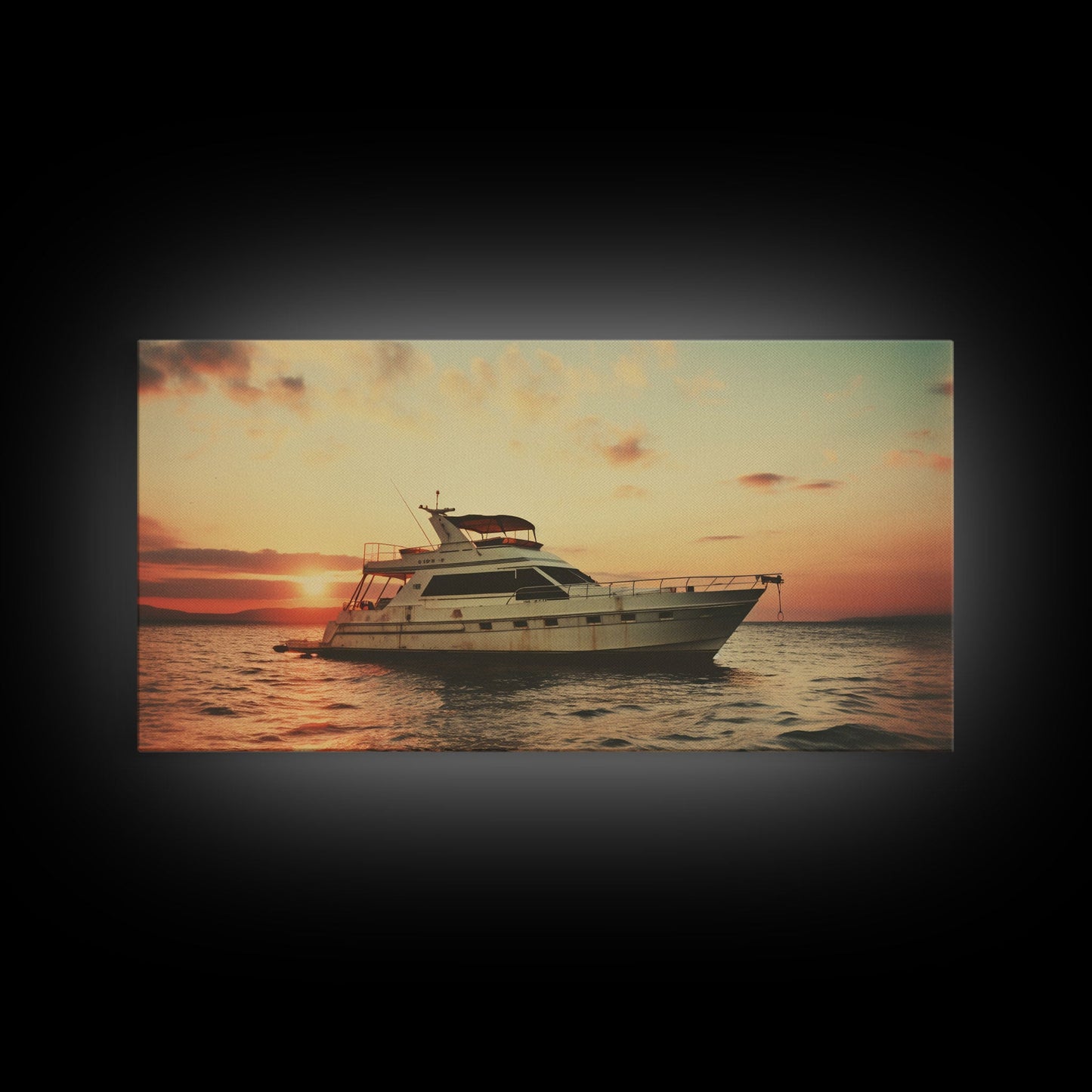 An Abandoned Yacht at Sunset - Framed Canvas Print - Nautical Decor - Vaporwave Art - Liminal Spaces - Urban Decay - Eclectic Wall Art