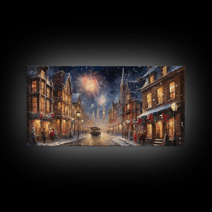 Christmas / New Years Fireworks - Framed Canvas Print - Christmas Wall Art - Christmas Oil Painting - Holiday Decor - Seasonal Art