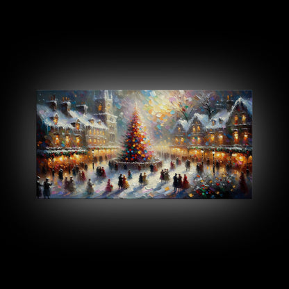 Retro Style Christmas Canvas Print | Framed Canvas Print | Christmas Village | Winter Wonderland | Impasto Style Painting | Seasonal Decor