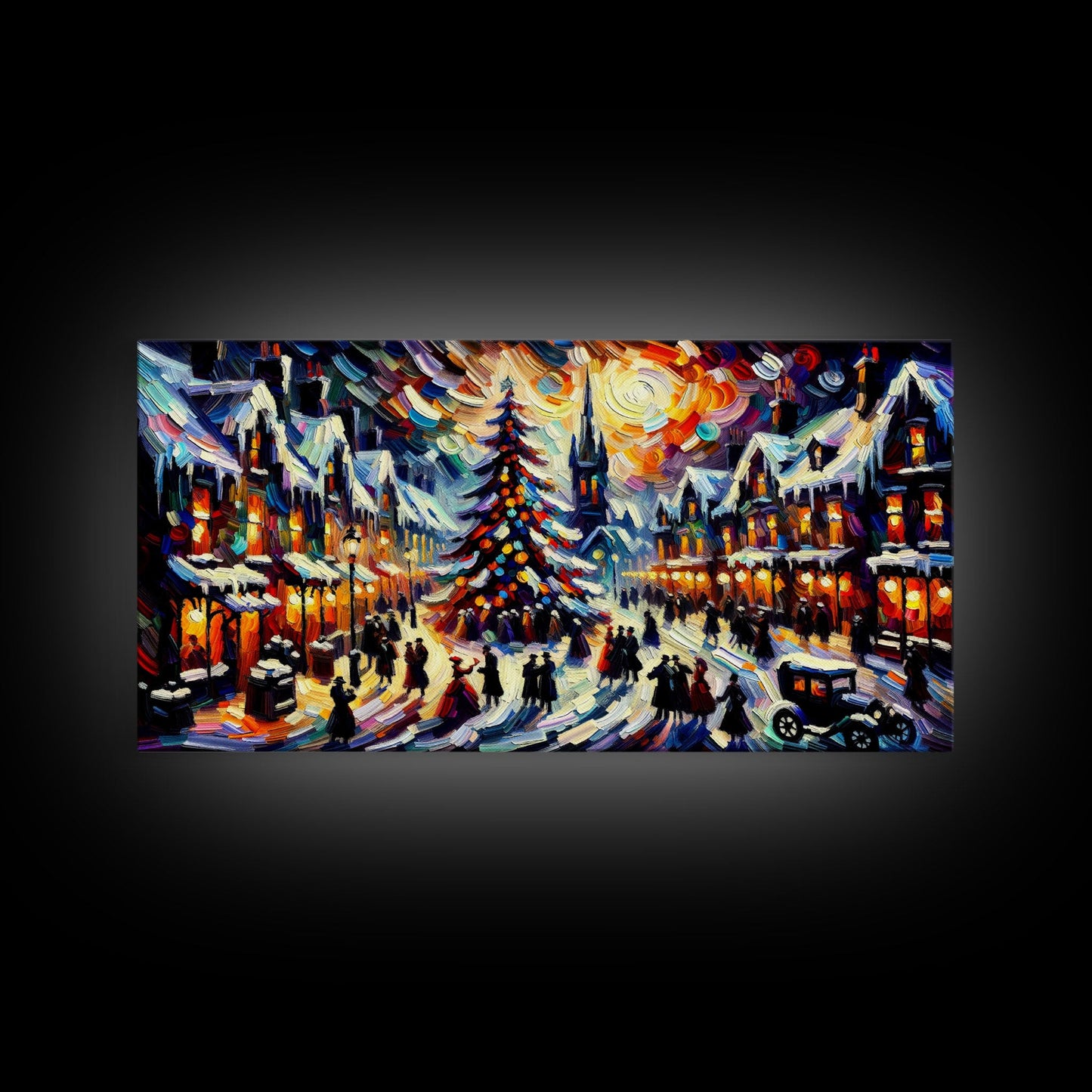 Retro Style Christmas Canvas Print | Framed Canvas Print | Christmas Village | Winter Wonderland | Impasto Style Painting | Seasonal Decor