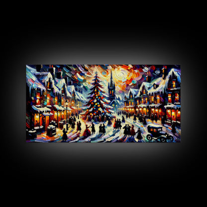 Retro Style Christmas Canvas Print | Framed Canvas Print | Christmas Village | Winter Wonderland | Impasto Style Painting | Seasonal Decor