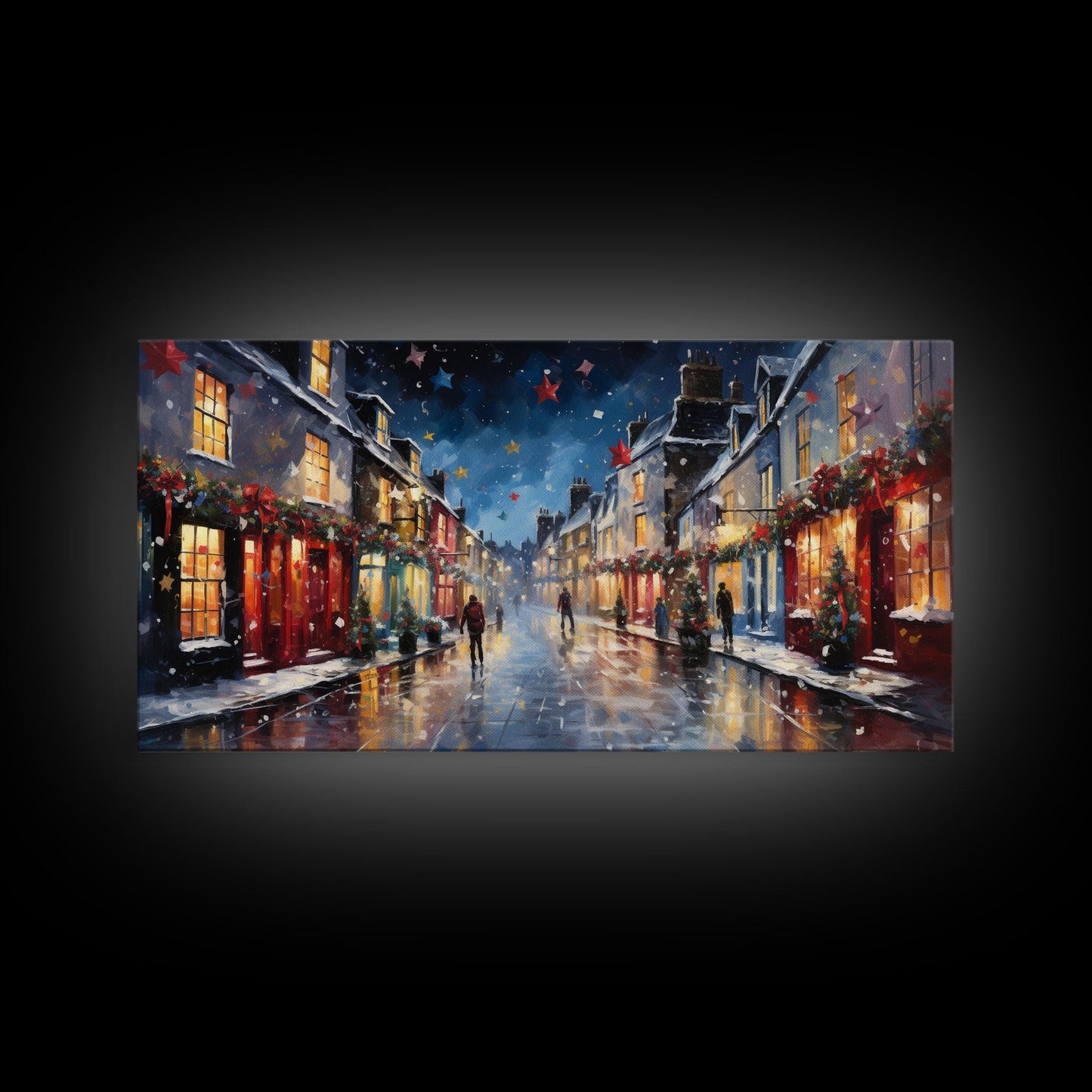 Christmas Wall Art - Framed Canvas Print - Winter Wonderland Victorian Village Decorated for Christmas - Christmas Canvas Wall Art