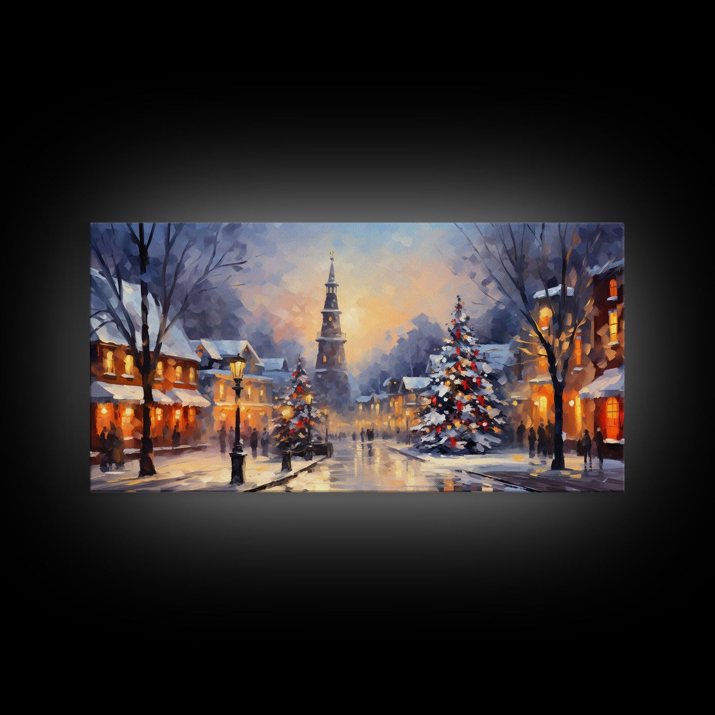 Christmas Centerpiece Wall Art - Framed Canvas Print - Winter Wonderland Victorian Village Decorated for Christmas Canvas Wall Art
