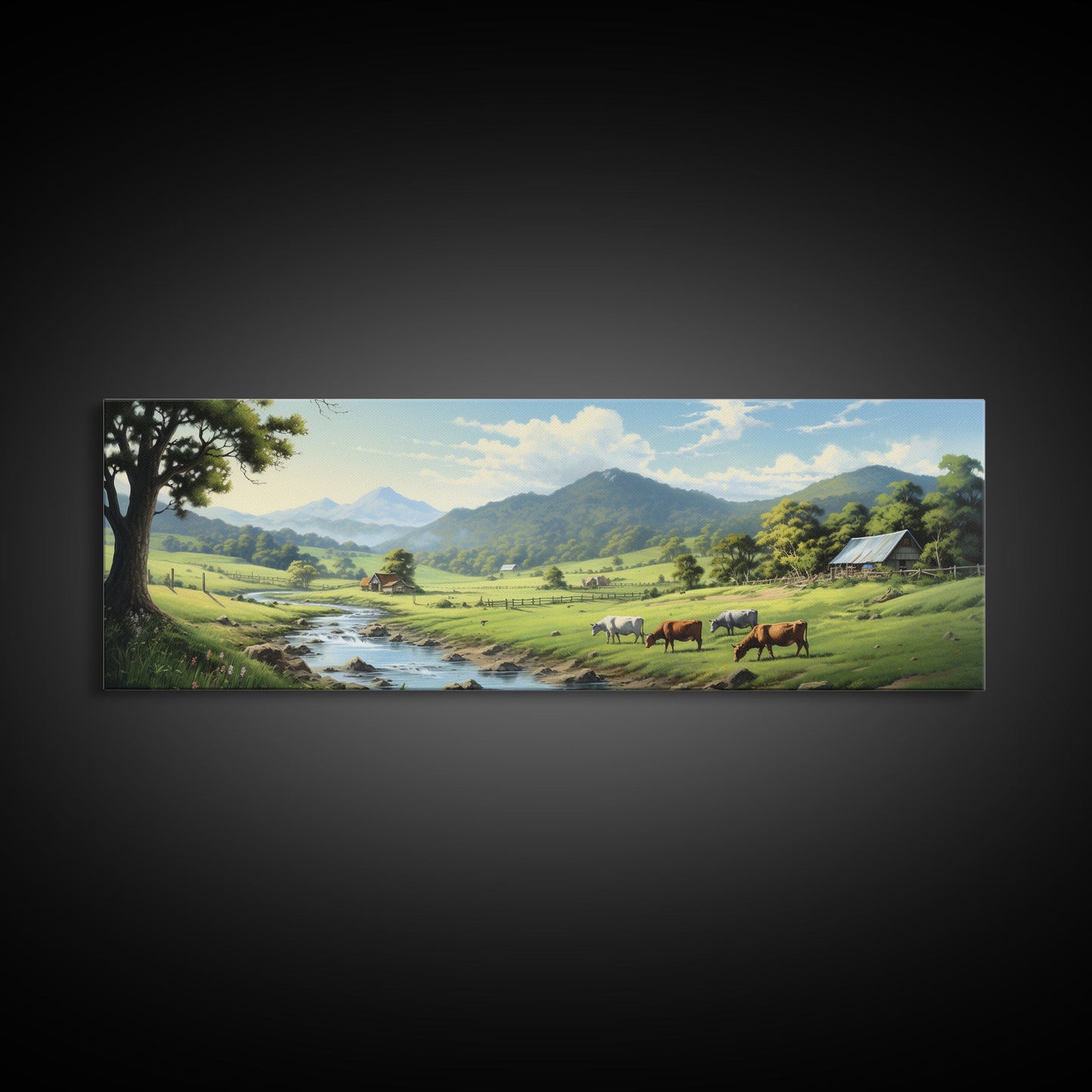 Farmhouse Field Landscape Oil Painting Large Wall Art Canvas Print, Framed Canvas Nature Wall Decor, Rustic Country Landscape Living Room