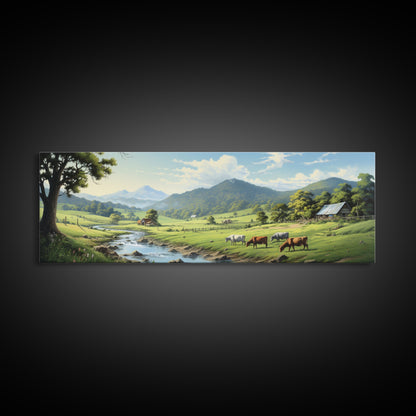 Farmhouse Field Landscape Oil Painting Large Wall Art Canvas Print, Framed Canvas Nature Wall Decor, Rustic Country Landscape Living Room