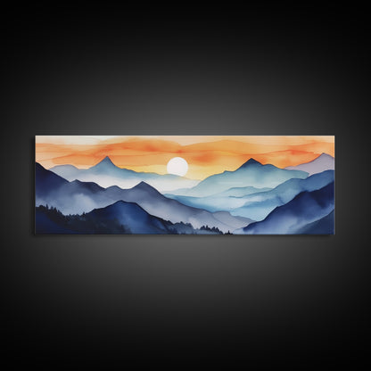 Midcentury Modern Watercolor Painting of a Mountain Sunset, Large Canvas Print, Mountain Artwork, Guest Room Art, Mountain Print