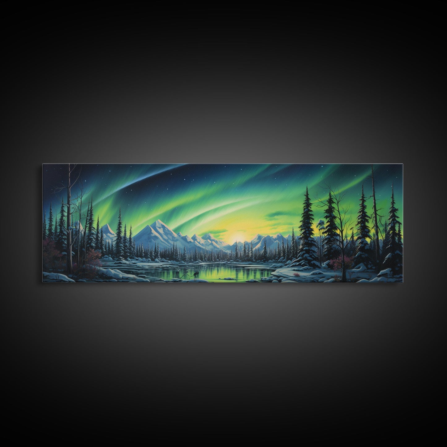 Aurora Borealis, Framed Canvas Print, Beautiful Alaskan Winter Landscape Painting, Moody Art, Unique Wall Art