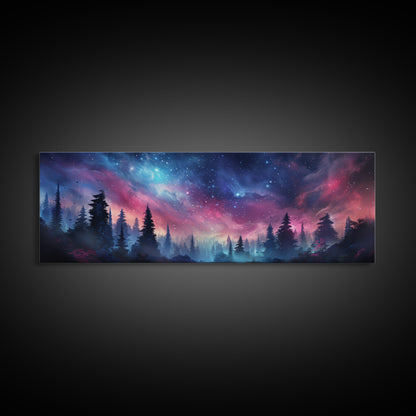 Watercolor Painting Of A Starry Night, Framed Canvas Print, Beautiful Nature Panoramic, Alaska Wilderness Art