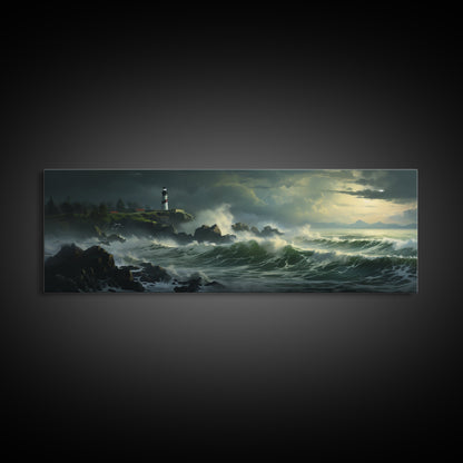 Lighthouse In The Storm, Framed Canvas Print, Nautical Decor, Nautical Painting, Guest Room Art, Moody Decor