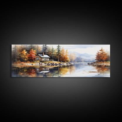 Rustic Lake Cabin at Dusk Watercolor Painting | Peaceful Wilderness Landscape Canvas Print | Modern Country Decor and Nature Lovers