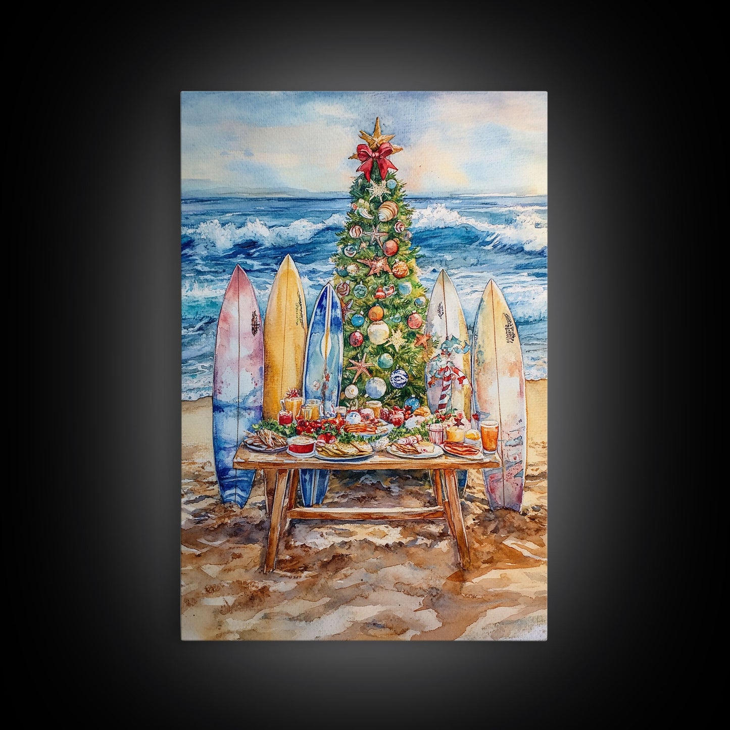 Christmas tree with surfboards on the beach, Framed Canvas Print tropical holiday wall art perfect beach Christmas decor holiday gift idea