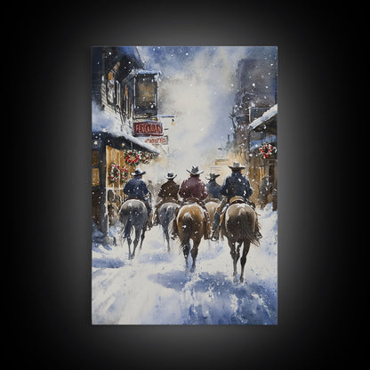 Cowboys Riding Into Town On Christmas, Western Christmas Decor, Framed Canvas Print, Christmas Outdoor Decor, Christmas poster