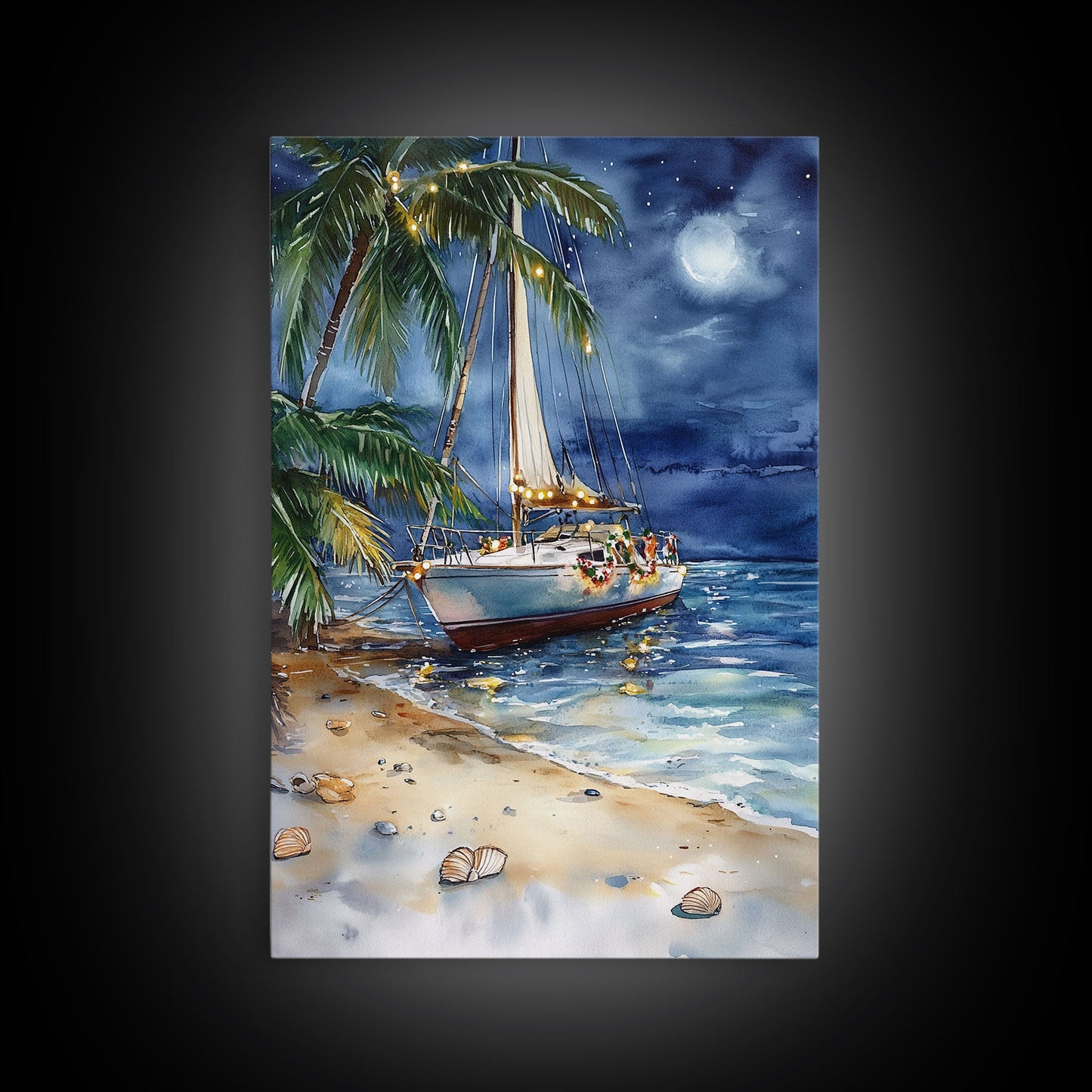 Sailboat On The Beach At Christmas, Framed Canvas Print, Christmas Home Decor / Gift, Christmas Wall Print