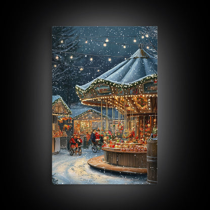 Christmas Carousel at a Snowy Night Market with Festive Lights and Ornaments, Framed Canvas Print for Christmas Wall Decor