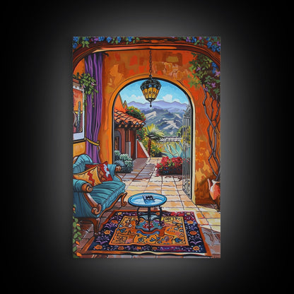Cozy Southwestern Patio Framed Canvas Print Colorful Courtyard Best Gift Idea Home Decor Bright Seasonal Art Above Sofa Wall Art