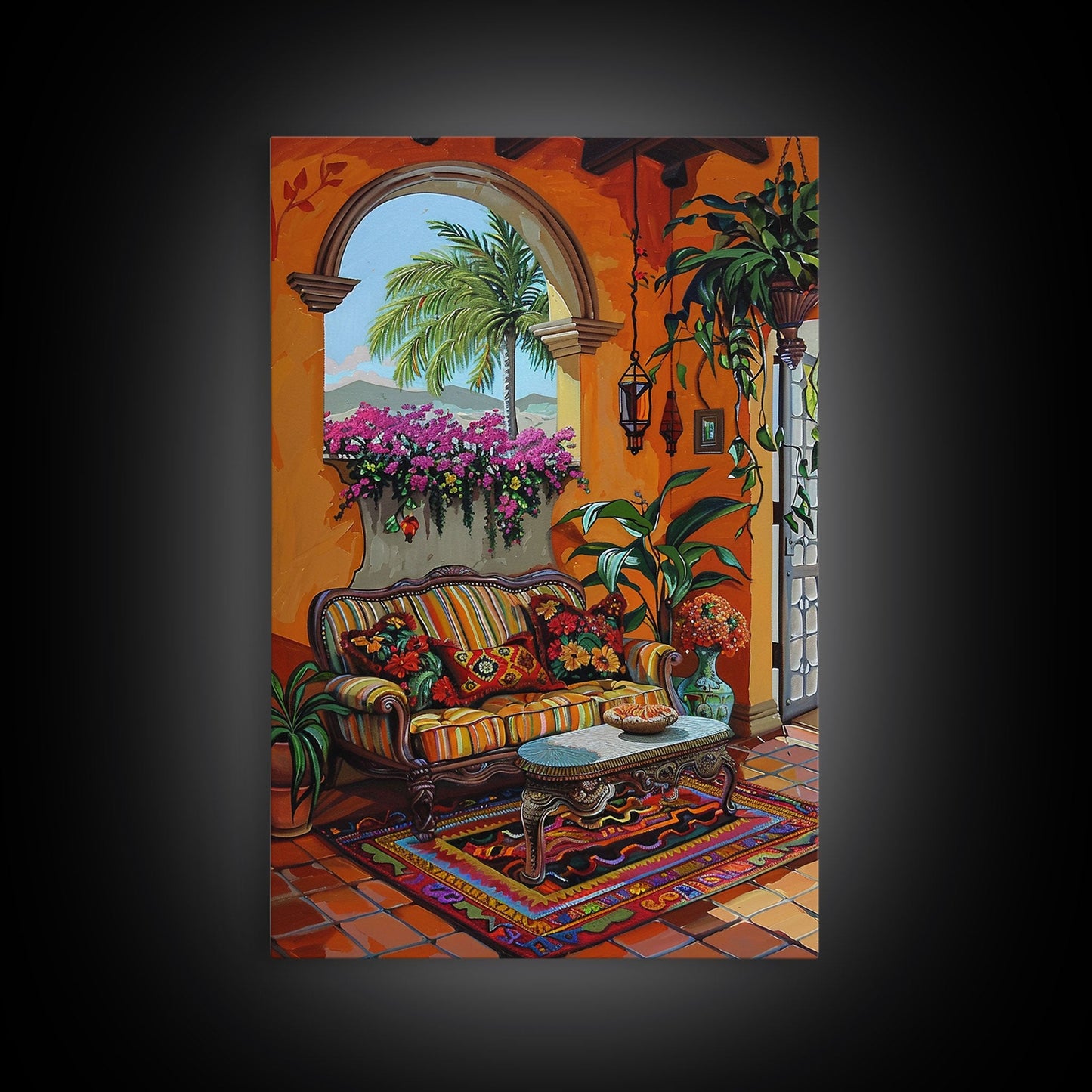Mediterranean Courtyard Lounge Framed Canvas Print Spanish Style Home Decor Best Gift Bright Seasonal Art Above Sofa Wall Art