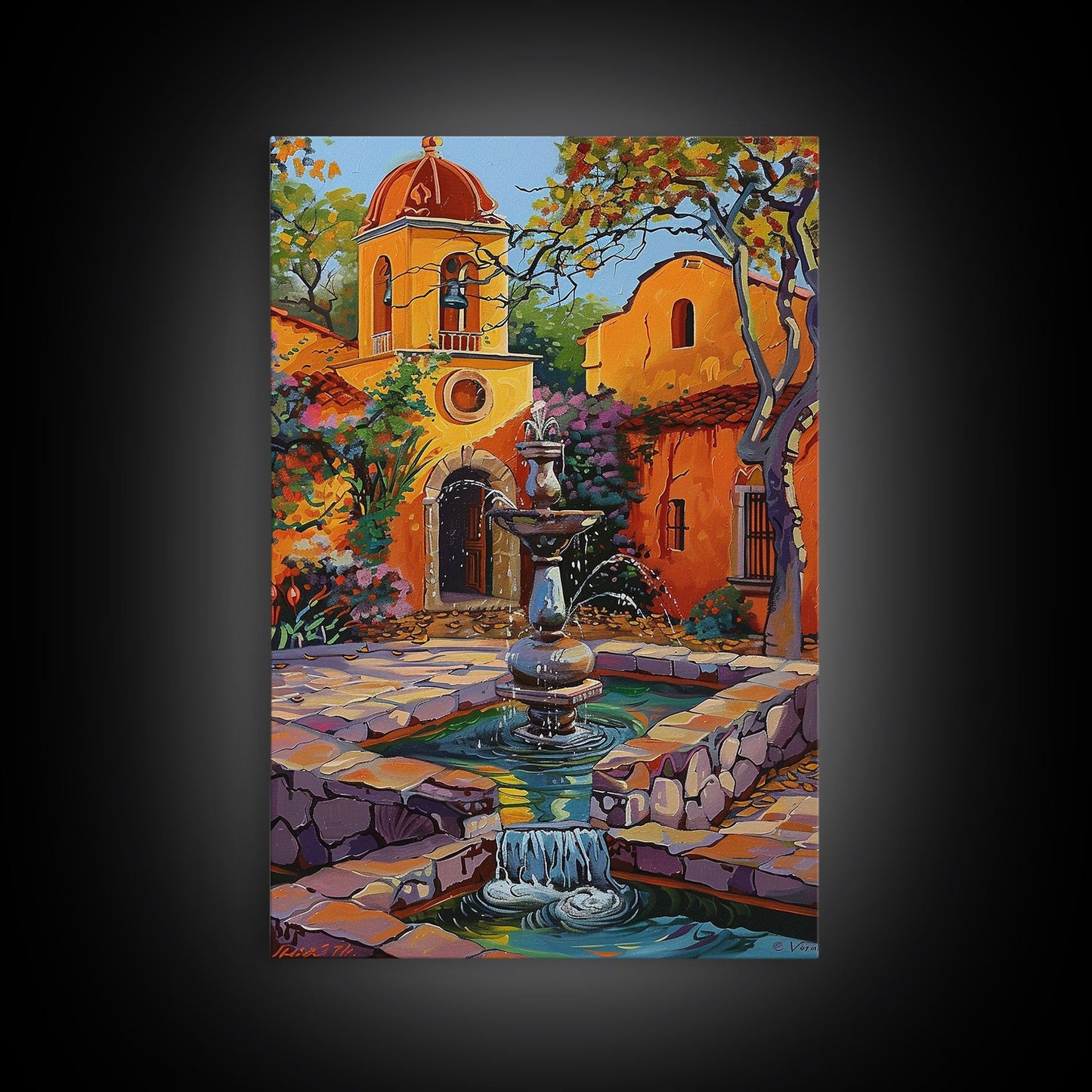 Mexican Style Framed Canvas Print Tall Art Vibrant Outdoor Fountain Scene With Colorful Architecture