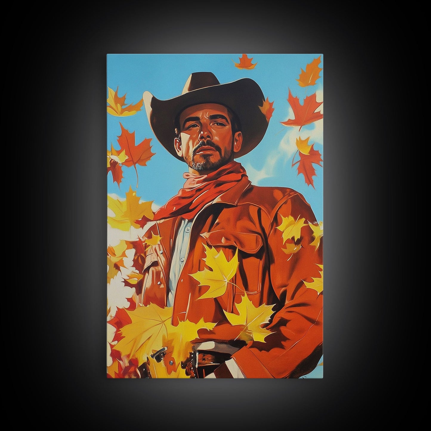 Autumn Cowboy Holiday Decor Framed Canvas Print with Leaves, Colorful Seasonal Wall Art Gift Idea 2024