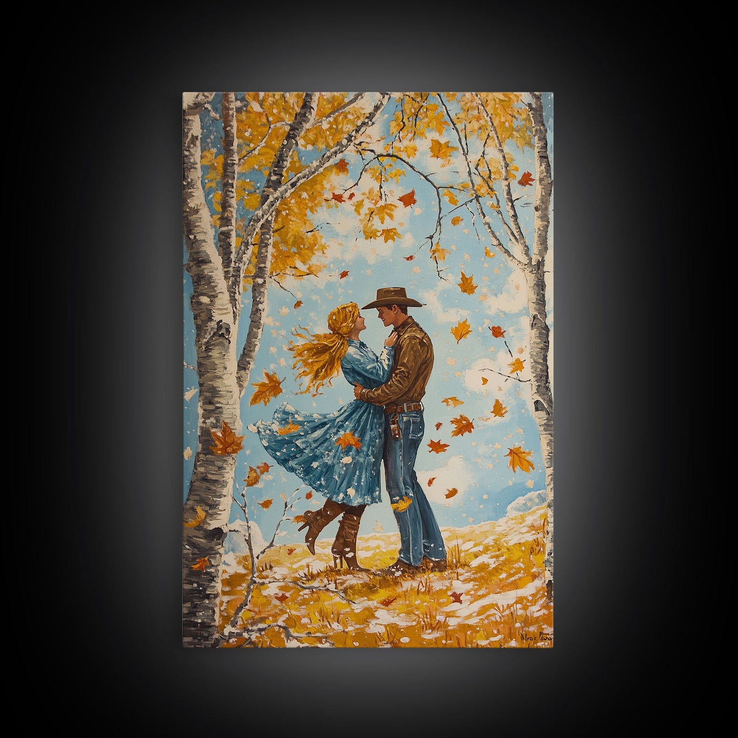 Romantic Fall Couple Framed Canvas Print - 2024 Autumn Love Country Cowboy Art Gift Idea for Fall Home Decor