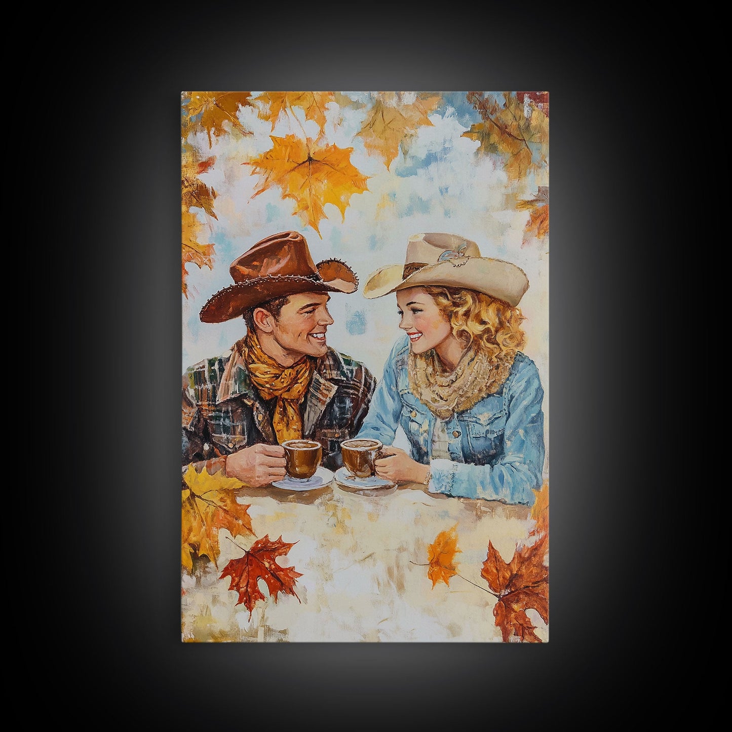Cowboy and Cowgirl Fall Scene Framed Canvas Print - 2024 Rustic Autumn Love Country Art Gift Idea Fall Wall Decor