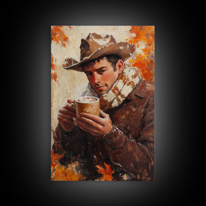 Cowboy mit Kaffeetasse im Herbst – Gerahmter Leinwanddruck – Herbstliche Wanddekoration im Landhausstil 2024 – Rustikale Wohndeko und Geschenkidee