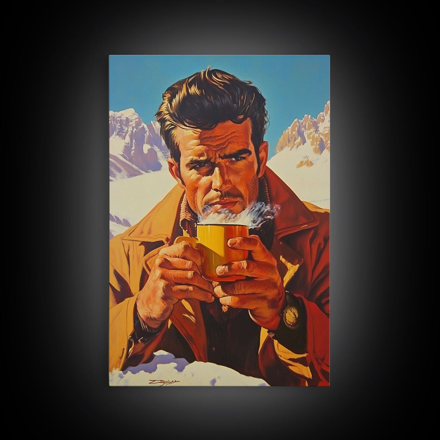 Cowboy Drinking Coffee in Winter Cabin Framed Canvas Print - Cozy Christmas Wall Art 2024 Rustic Holiday Decor