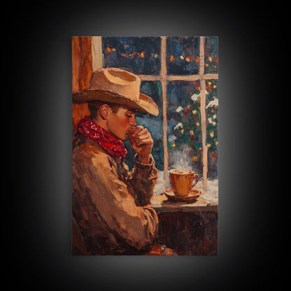 Cowboy in Snow with Coffee Framed Canvas Print - Winter Country Scene Art 2024 Cozy Christmas Wall Decor and Gift Idea