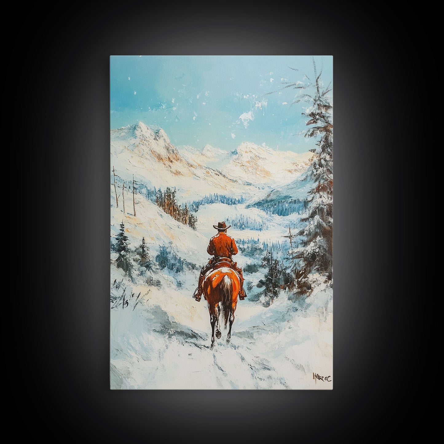 Cowboy reitet durch verschneite Berge – Gerahmter Leinwanddruck – Weihnachtswandbild – Winterwunderland-Dekoration – Saisonale Wanddekoration – Geschenkidee zu Weihnachten