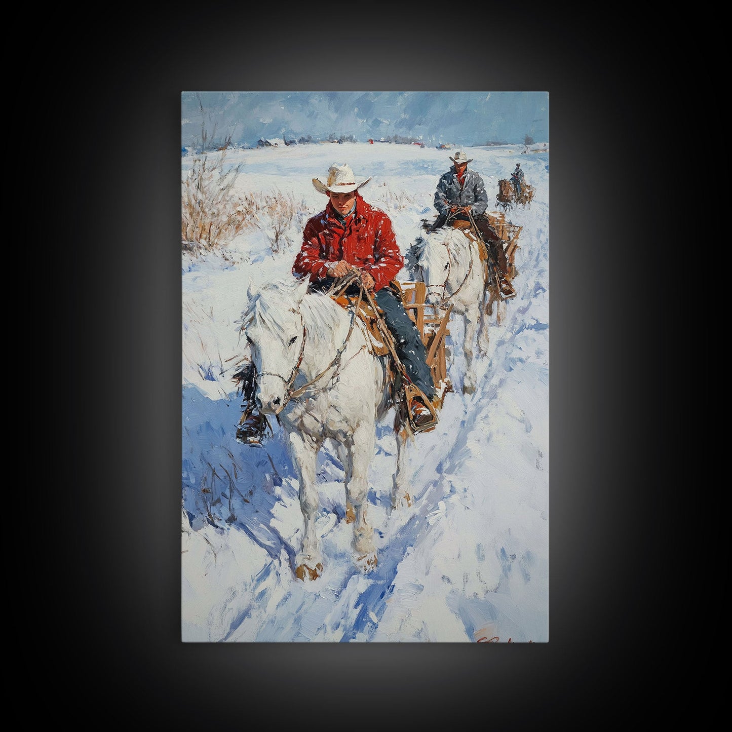 Cowboy Riding Horses in Snow Canvas Print, Winter Wall Art, Rustic Christmas Decor, Holiday Gift Idea, Seasonal Art, Framed Canvas Print