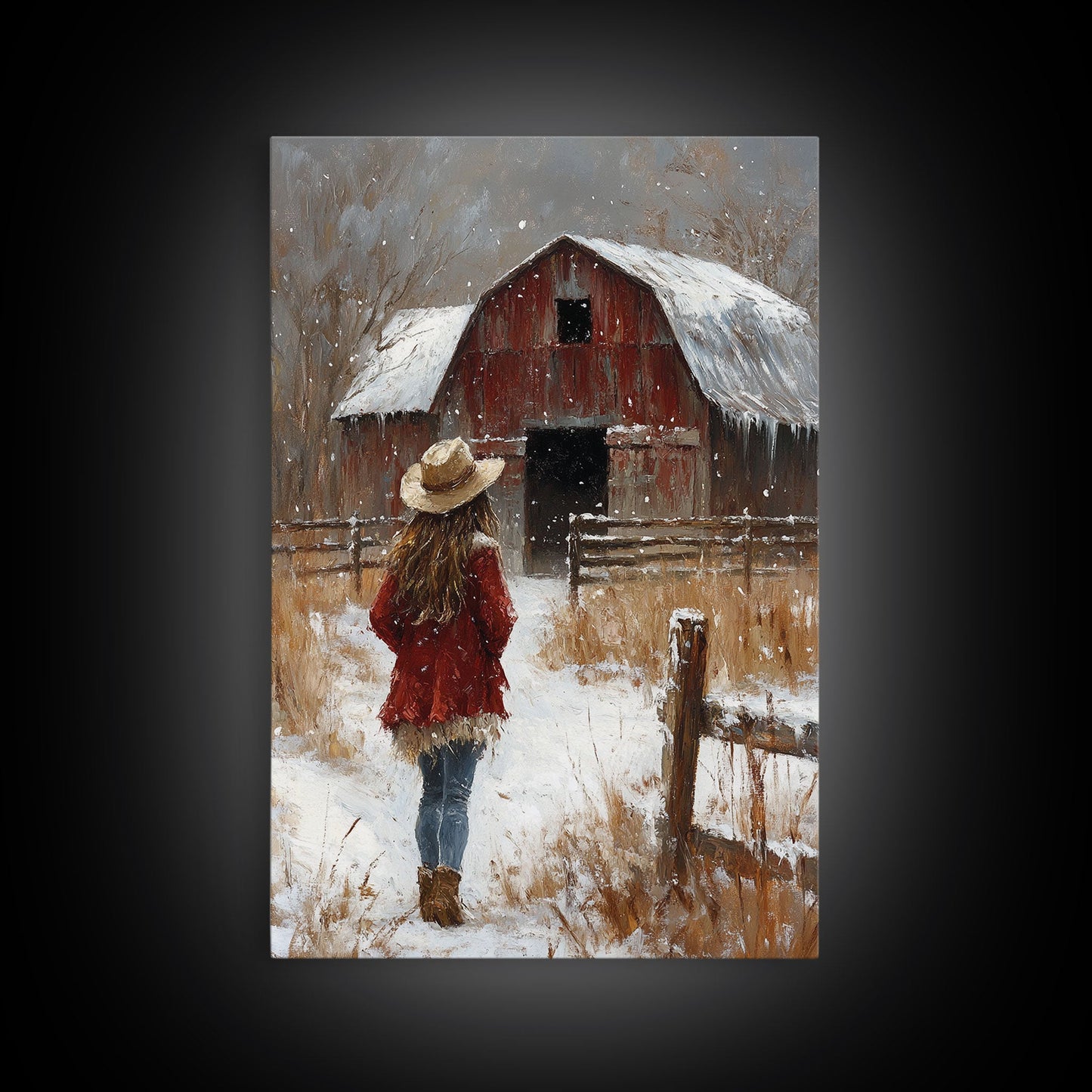 Country Girl with Falling Leaves Canvas Print, Autumn Wall Art, Farmhouse Holiday Decor, Fall Decor, Trendy Wall Art, Framed Canvas Print