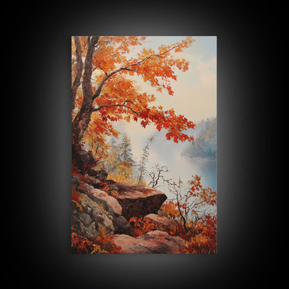 Fall In The Virginia Mountains - Framed Canvas Print - Autumn Leaves Falling On The Mountain Lake Landscape