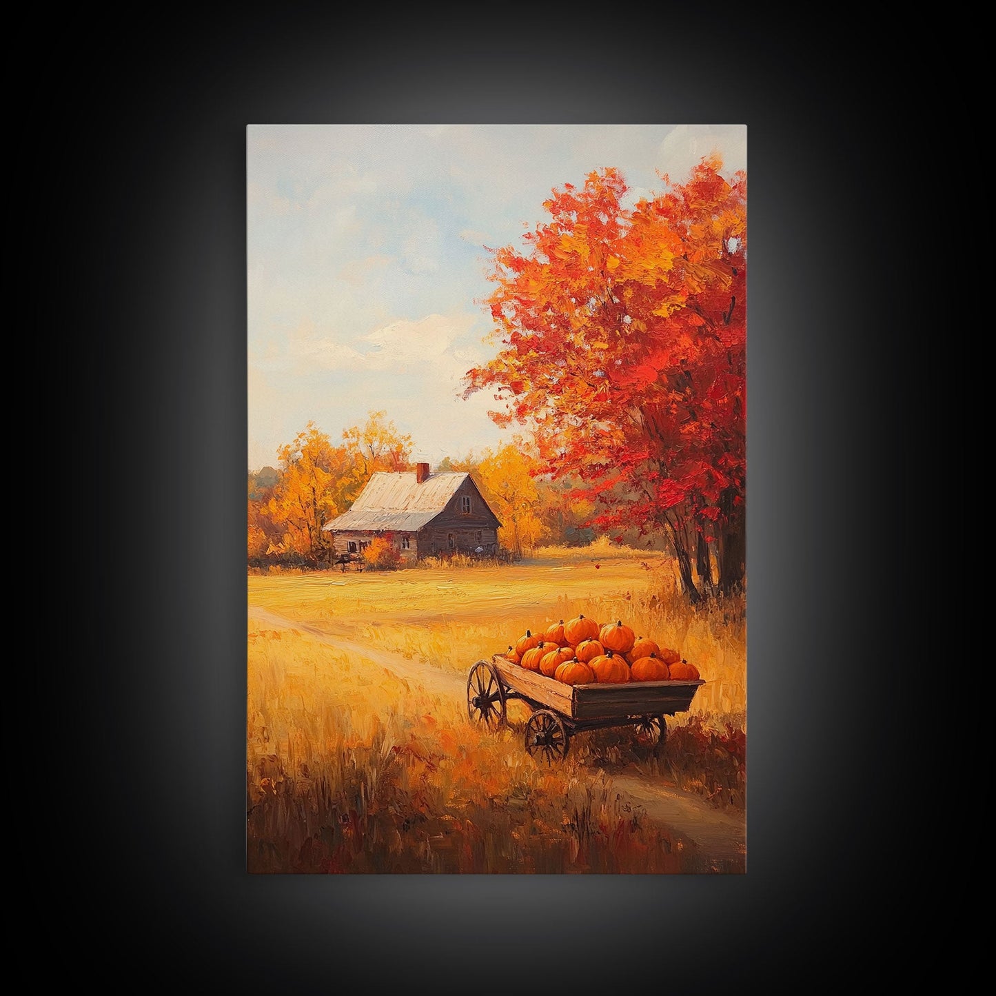 Pumpkin Cart In Fall Field Framed Canvas Print Rustic Autumn Country Farmhouse Decor Perfect Seasonal Art For Farmhouse Christmas Wall Art
